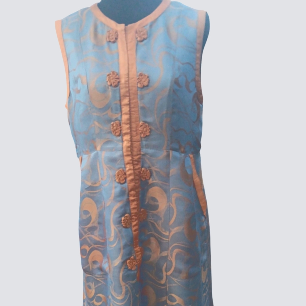 Authentic Original Vintage Style Blue and Peach Sleeveless Brocade Dress